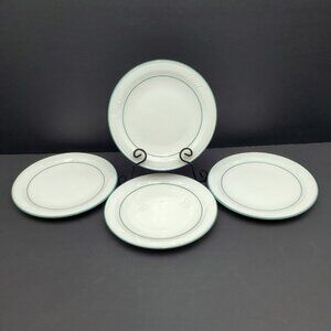 Corning Pyroceram Tableware White Salad Dessert Plates Teal Bands Embossed Rim